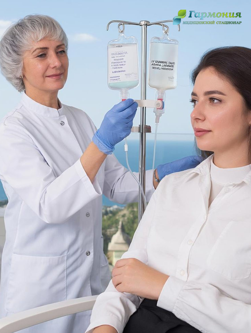 Врач и пациент с капельницей на фоне берега Жлобина