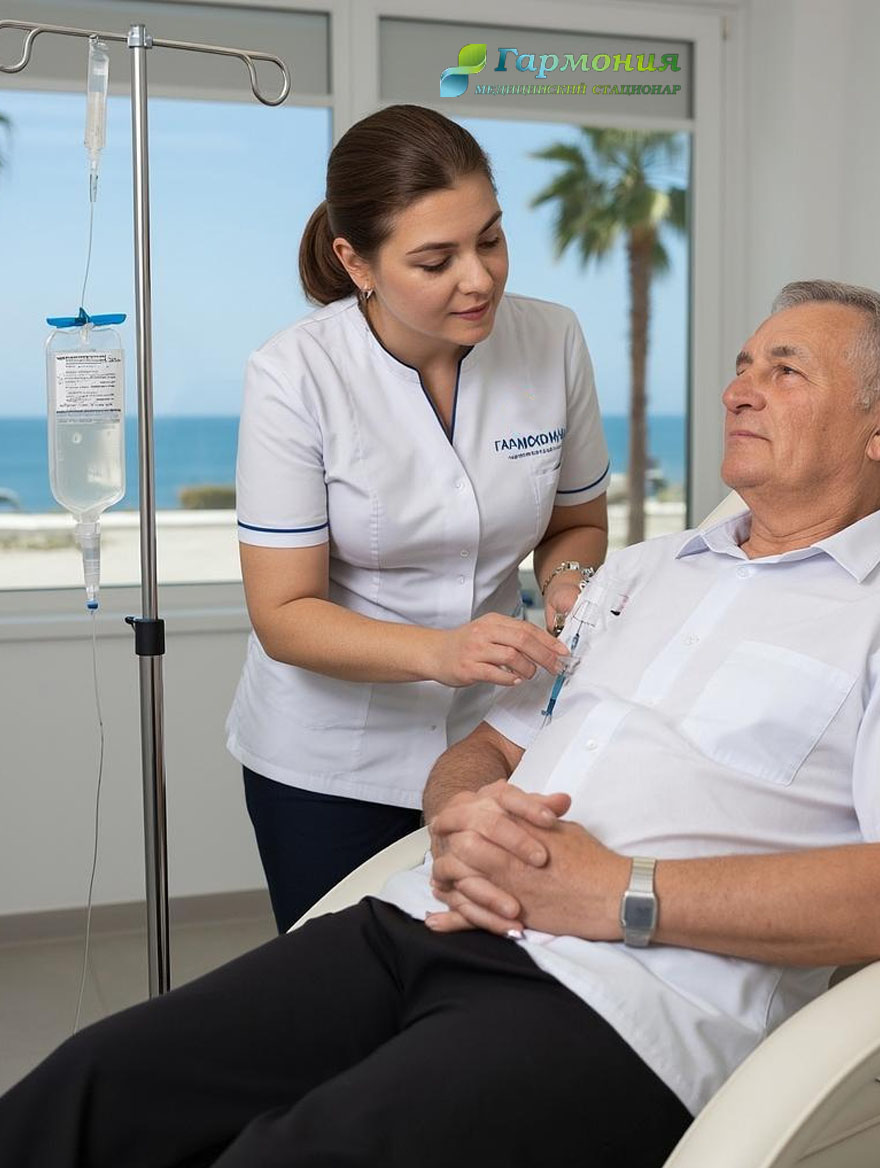 Врач и пациент с капельницей на фоне берега Жлобина