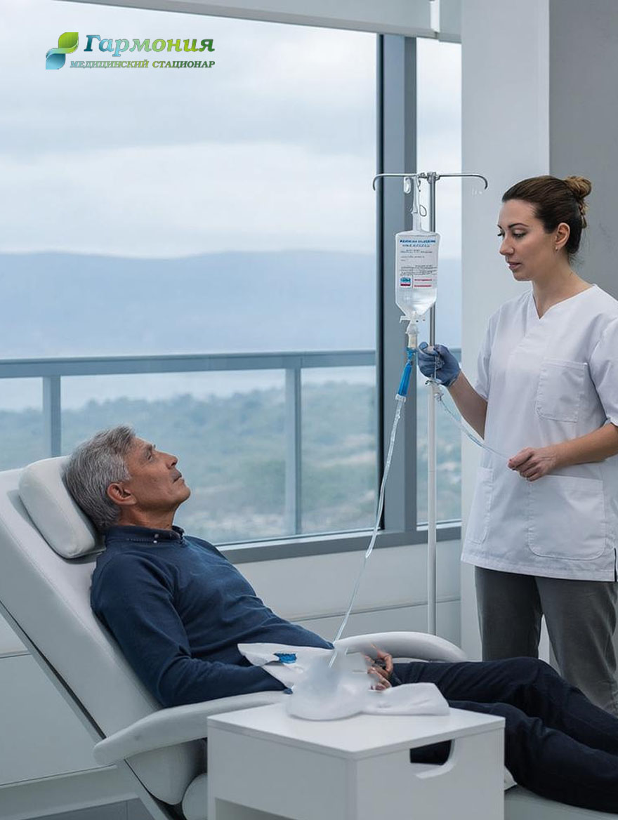 Врач и пациент с капельницей на фоне берега Жлобина